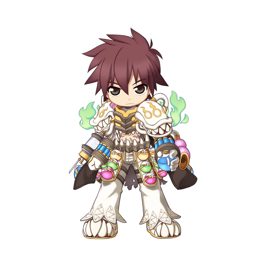 1boy armor breath_weapon breathing_fire brown_hair chibi closed_mouth expressionless fire flask full_body genetic_(ragnarok_online) green_eyes green_fire hair_between_eyes living_clothes long_bangs looking_at_viewer male_focus mask midriff official_art pants pauldrons potion ragnarok_online round-bottom_flask shoes short_hair shoulder_armor simple_background solo standing syringe tachi-e teeth transparent_background vial white_footwear white_pants yuichirou