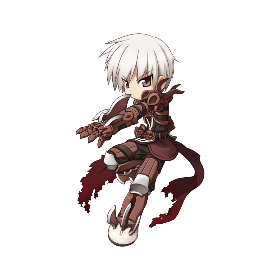 1boy arm_blade armor armored_boots black_bodysuit black_eyes bodysuit boots brown_armor brown_cape cape chibi closed_mouth foot_up full_body gauntlets grey_hair guillotine_cross_(ragnarok_online) leg_armor looking_at_viewer male_focus medium_bangs official_art pauldrons ragnarok_online short_hair shoulder_armor simple_background solo tachi-e torn_cape torn_clothes transparent_background v-shaped_eyebrows weapon yuichirou