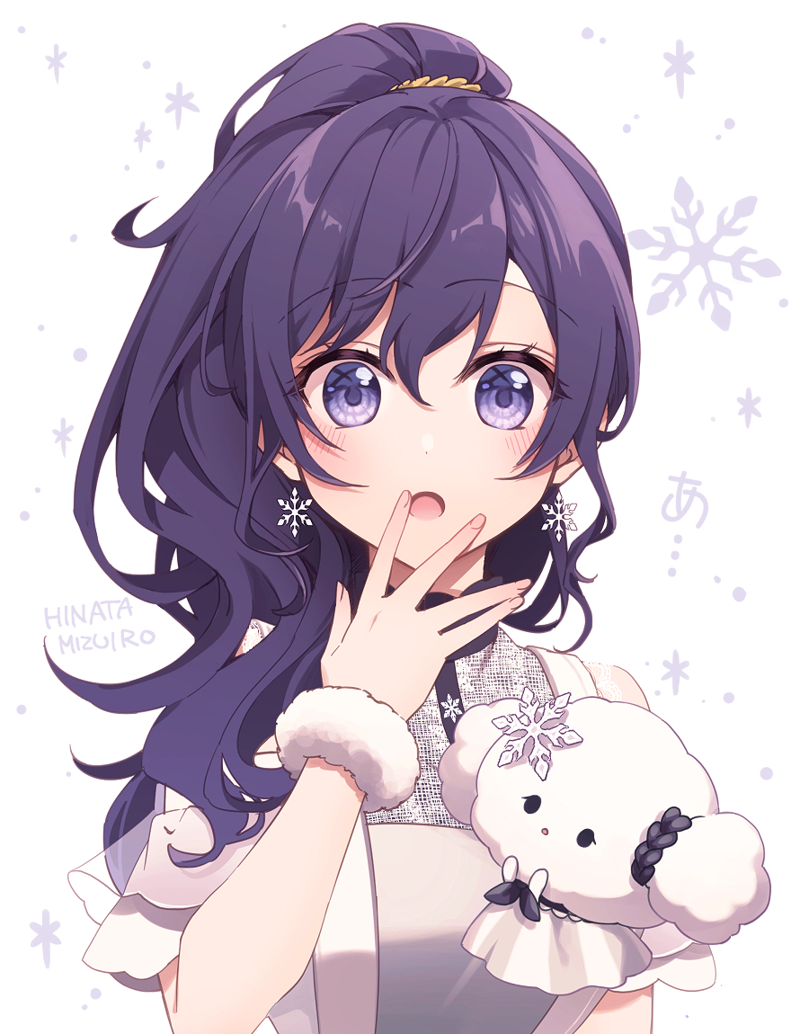 1girl :o asahina_mafuyu blush cogimyun commentary_request covering_own_mouth dress earrings fur_cuffs hinata_mizuiro jewelry looking_at_viewer ponytail project_sekai purple_hair sanrio short_sleeves snowflake_earrings snowflakes sparkle surprised upper_body violet_eyes white_background white_dress