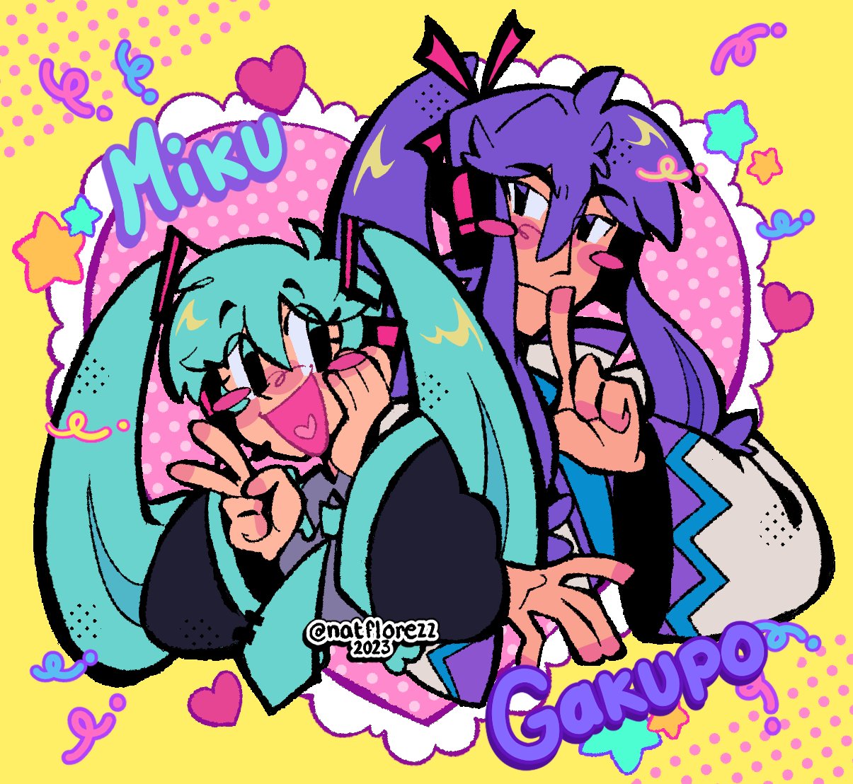 1boy 1girl ahoge aqua_eyes aqua_hair aqua_necktie aqua_trim black_sleeves blush_stickers character_name coat collared_coat collared_shirt dated english_commentary finger_to_mouth grey_shirt hair_ribbon hand_on_own_cheek hand_on_own_face hatsune_miku headset heart heart_in_mouth japanese_clothes kamui_gakupo long_hair low-tied_sidelocks natflorezz necktie open_mouth polka_dot ponytail purple_hair purple_trim ribbon shirt smile twintails twitter_username v violet_eyes vocaloid white_coat wide_sleeves yellow_background