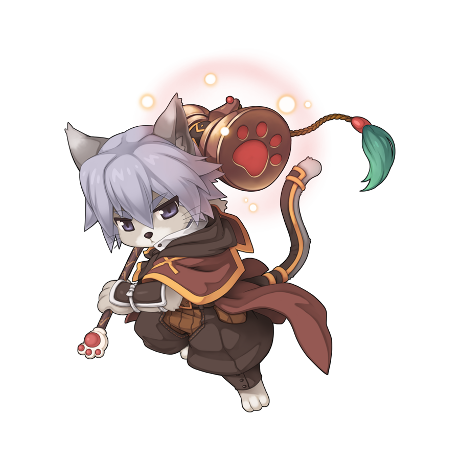 1boy animal_ear_fluff animal_ears barefoot belt brown_belt brown_capelet brown_pants brown_shirt capelet cat_boy cat_ears cat_tail chibi closed_mouth energy_ball expressionless fighting_stance full_body furry furry_male gold_trim grey_eyes grey_hair hair_between_eyes hammer holding holding_hammer looking_at_viewer male_focus medium_bangs official_art pants paw_print ragnarok_online shirt short_hair simple_background solo summoner_(ragnarok_online) tachi-e tail tail_around_own_leg tassel transparent_background v-shaped_eyebrows vambraces whiskers yuichirou