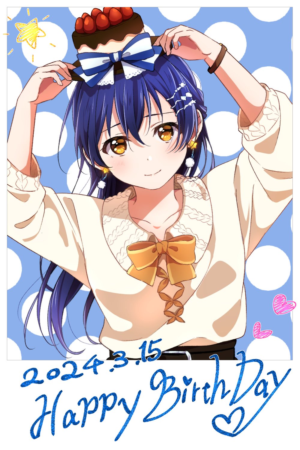 1girl blue_hair bow cake_hat closed_mouth collarbone commentary_request dated earrings hair_between_eyes happy_birthday hat hat_bow heart highres jewelry long_hair long_sleeves looking_at_viewer love_live! love_live!_school_idol_project oda_(101511a) sidelocks solo sonoda_umi star_(symbol) sweater upper_body watch watch white_sweater yellow_eyes