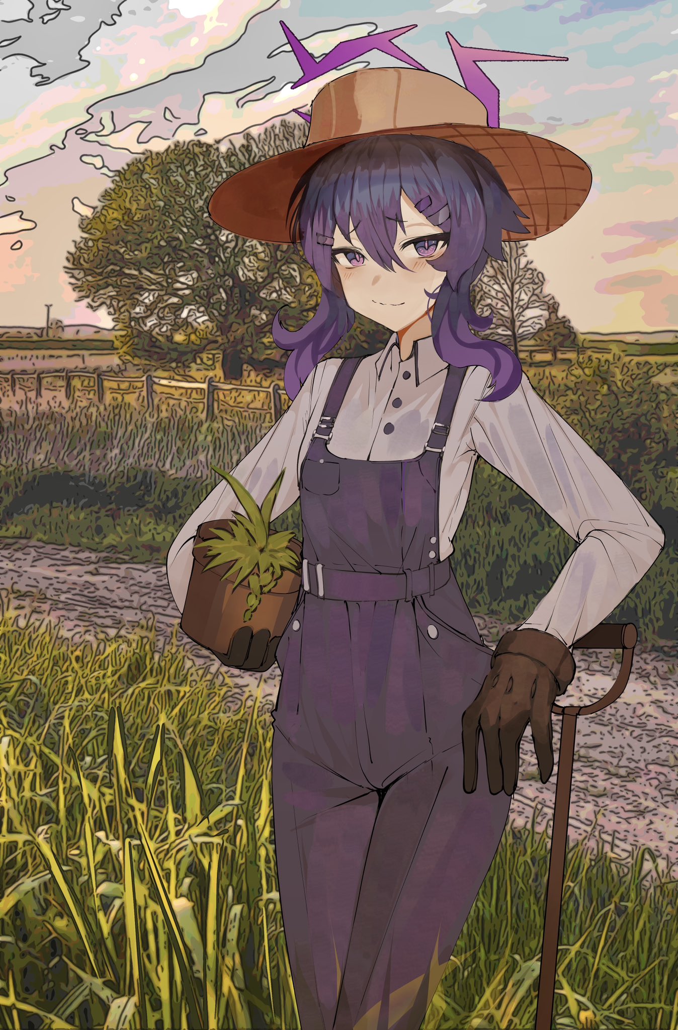 1girl alternate_costume blue_archive brown_gloves clouds cloudy_sky commentary cowboy_shot english_commentary farmer flower_pot gloves grass hair_between_eyes hair_ornament hairclip haruka_(blue_archive) hat highres holding holding_flower_pot light_smile long_sleeves looking_at_viewer medium_hair orange_sky outdoors overalls purple_hair purple_overalls shirt sky solo straw_hat tomatolover16 tree violet_eyes wavy_mouth white_shirt