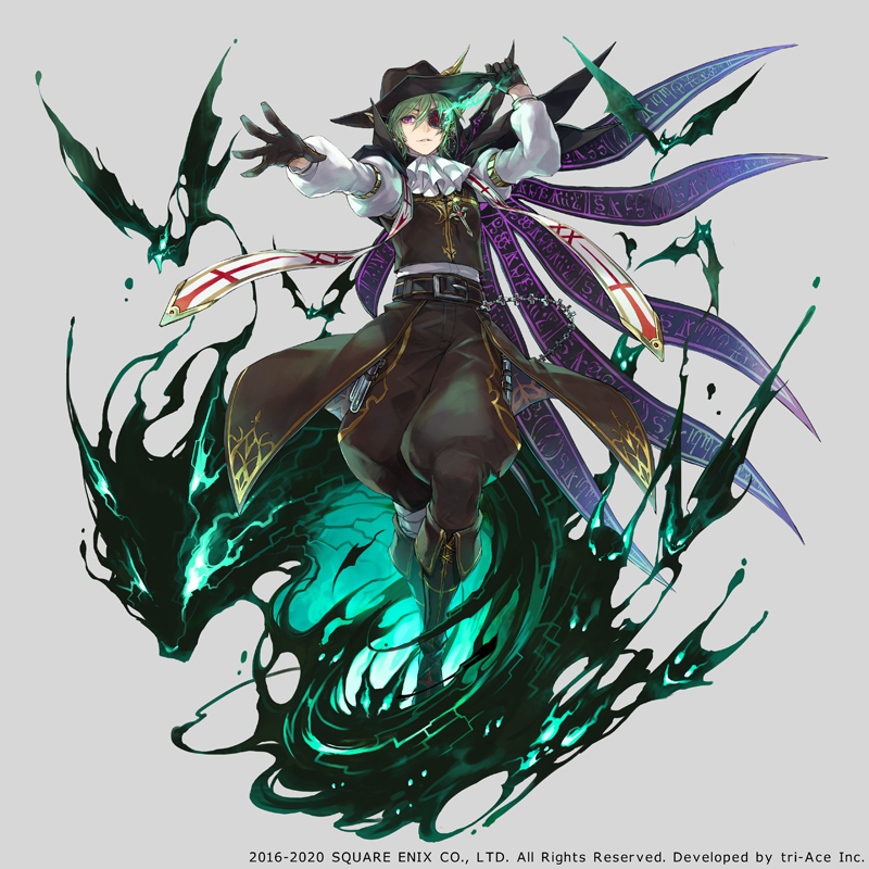 1boy armlet ascot baggy_pants belt bishounen black_cape black_gloves black_headwear boots cape copyright_notice creature ear_covers eyepatch faize_scheifa_beleth full_body gloves green_hair grey_background hagiya_kaoru half_gloves halloween_costume jewelry knee_boots left-handed looking_at_viewer magic male_focus necklace official_art outstretched_arm pants parted_lips pointy_ears shirt simple_background solo star_ocean star_ocean_anamnesis star_ocean_the_last_hope violet_eyes white_ascot white_shirt