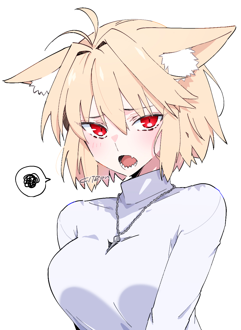 1girl ahoge animal_ears arcueid_brunestud artist_name blonde_hair breasts cat_ears citron80citron highres jewelry medium_breasts necklace red_eyes sharp_teeth shirt simple_background slit_pupils solo sweater teeth tsukihime tsukihime_(remake) turtleneck turtleneck_sweater upper_body white_background white_shirt