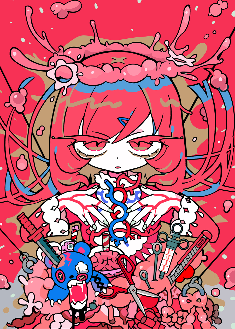 1girl boxcutter brown_eyeshadow colored_eyelashes cover cover_page dress drinking_straw expressionless halo hands_up highres knife long_hair looking_at_viewer mole mole_under_eye needle open_mouth original pale_skin pink_halo red_background red_dress red_eyes red_theme redhead scissors slime_(substance) slushie solo stuffed_animal stuffed_toy syringe teddy_bear terada_tera white_nails