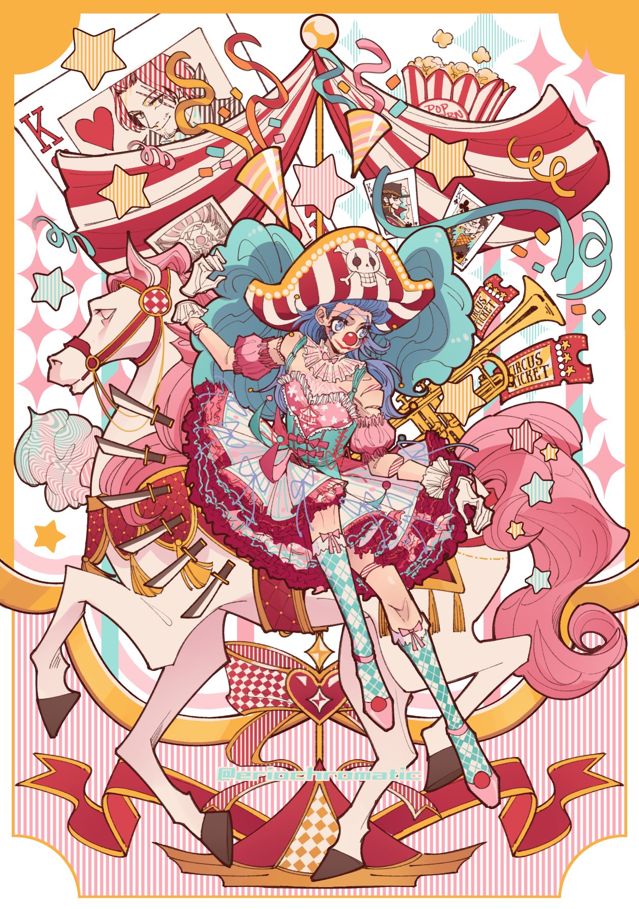 1girl blue_eyes blue_hair bow buggy_the_clown card carousel checkered_socks clown_nose confetti corset crocodile_(one_piece) detached_sleeves devil_fruit_power dracule_mihawk dress english_text eriochromatic facepaint food frilled_dress frills genderswap genderswap_(mtf) gloves green_corset hat heart highres horse horseback_riding knife long_hair makeup one_piece party_popper pink_bow pink_dress pirate_hat playing_card popcorn puffy_short_sleeves puffy_sleeves riding shanks_(one_piece) short_sleeves skull_and_crossbones star_(symbol) ticket twitter_username two-tone_dress white_dress white_gloves