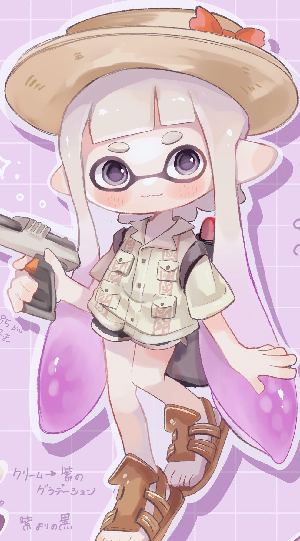 1girl black_eyes bow brown_footwear brown_headwear closed_mouth commentary_request full_body gradient_hair grid_background gun hat hat_bow highres hiking_sandals holding holding_gun holding_weapon inkling inkling_girl inkling_player_character long_hair multicolored_hair n-zap_(splatoon) pointy_ears purple_background purple_hair red_bow sandals simple_background solo splatoon_(series) standing standing_on_one_leg tentacle_hair thick_eyebrows toes translation_request two-tone_hair una_ku_277 weapon
