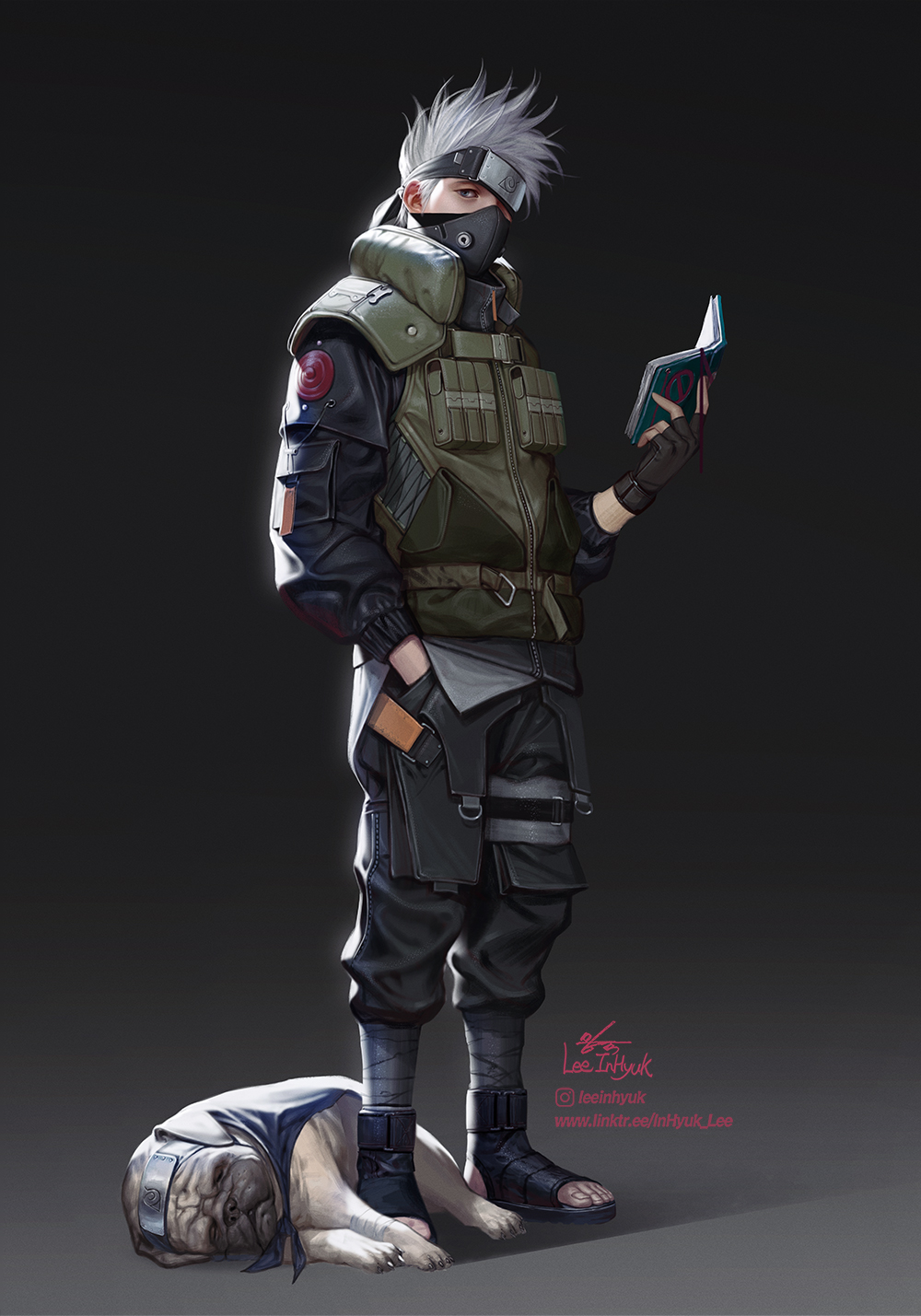1boy commentary dog english_commentary fingerless_gloves forehead_protector gloves hand_in_pocket hatake_kakashi headband highres in-hyuk_lee looking_at_viewer male_focus mask mouth_mask naruto_(series) ninja one_eye_covered reading sandals signature solo toes white_hair