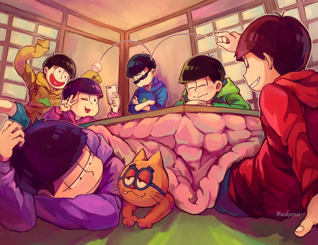 6+boys :&gt; aokamei arm_support blue_hoodie blue_shorts brothers cat cellphone crossed_arms esper_nyanko glasses green_hoodie grin heart heart_in_mouth holding holding_phone hood hood_down hoodie indoors kotatsu long_sleeves male_focus matsuno_choromatsu matsuno_ichimatsu matsuno_jyushimatsu matsuno_karamatsu matsuno_osomatsu matsuno_todomatsu multiple_boys one_eye_closed open_mouth osomatsu-san phone pink_hoodie purple_hoodie red_hoodie selfie shorts siblings signature sleeves_past_fingers sleeves_past_wrists smartphone smile sunglasses table v yellow_hoodie