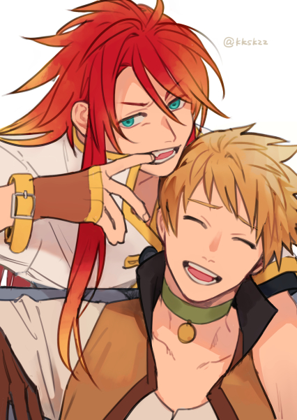 2boys blonde_hair blue_eyes closed_eyes collar collarbone commentary_request gradient_hair green_collar guy_cecil hair_between_eyes long_hair luke_fon_fabre male_focus meiji_(pecosyr5) multicolored_hair multiple_boys open_mouth orange_hair redhead short_hair simple_background tales_of_(series) tales_of_the_abyss two-tone_hair v-shaped_eyebrows white_background