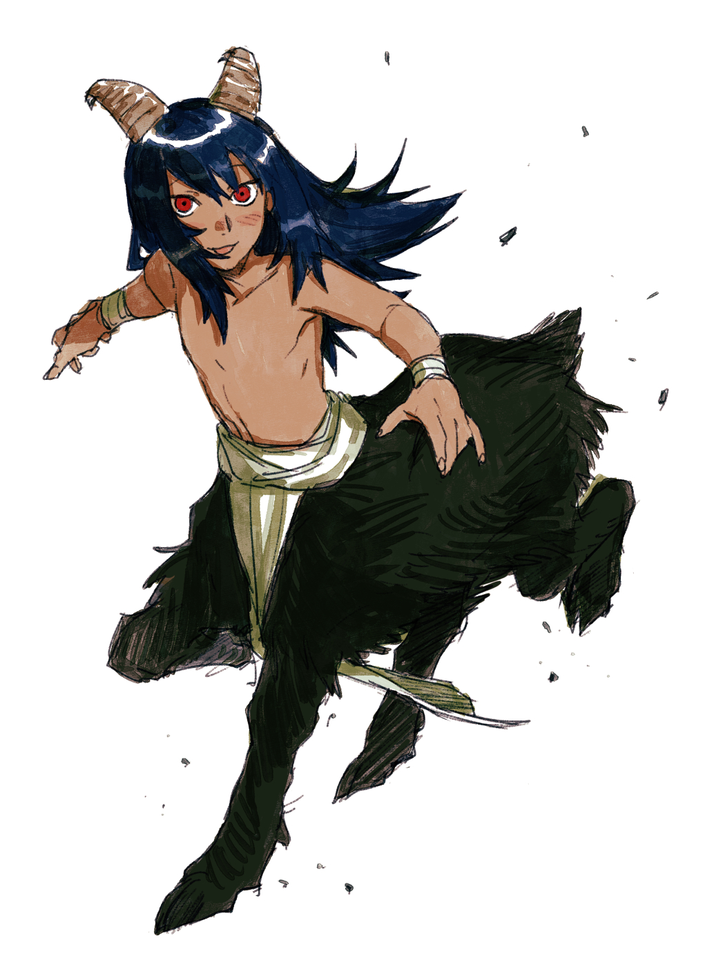 1boy black_fur black_hair blush brown_horns centauroid child commentary_request dark-skinned_male dark_skin full_body goat_boy goat_horns goat_tail hands_up highres hooves horns long_sleeves looking_at_viewer male_focus monster_boy open_mouth original pelvic_curtain red_eyes running sabyap simple_background solo taur topless_male white_background wrist_wrap