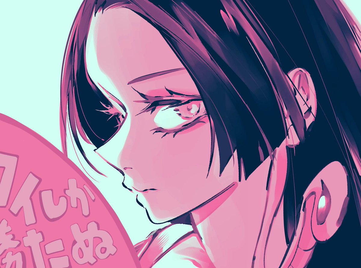 1girl bad_id bad_twitter_id blue_background boa_hancock close-up closed_mouth earrings eyelashes forehead from_side hime_cut jewelry long_hair looking_at_viewer one_piece pink_theme portrait profile sidelighting simple_background snake_earrings solo straight_hair translation_request wl6yugi8go1