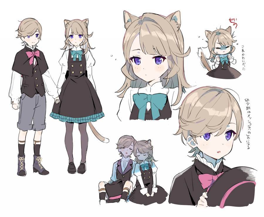 1boy 1girl 44dots(artist) animal_ear_fluff animal_ears black_capelet black_dress black_footwear black_headwear black_socks black_vest blue_bow blue_bowtie blush boots bow bowtie brother_and_sister buttons capelet cat_ears cat_girl cat_tail clenched_hand clenched_hands closed_eyes closed_mouth collared_shirt dress frills full_body garter_belt genshin_impact grey_footwear grey_pantyhose grey_shorts hair_between_eyes hands_up hat holding holding_clothes holding_hands holding_hat juliet_sleeves light_brown_hair long_hair long_sleeves looking_at_viewer looking_to_the_side lynette_(genshin_impact) lyney_(genshin_impact) open_mouth pantyhose pinafore_dress pink_bow pink_bowtie puffy_long_sleeves puffy_sleeves shirt shoes short_hair shorts siblings simple_background sitting sleeping sleeveless sleeveless_dress socks standing tail top_hat translation_request twins unworn_hat unworn_headwear upper_body v-shaped_eyebrows vest violet_eyes white_background white_shirt