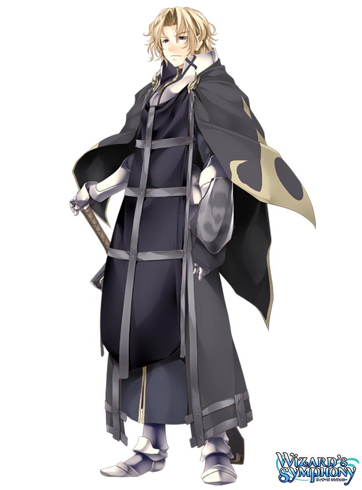 1boy armor armored_boots armored_gloves atelier-moo bishounen blonde_hair blue_eyes boots cloak closed_mouth copyright_name holding holding_sword holding_weapon knight logo short_hair simple_background solo sword vasileus wavy_hair weapon white_background wizards_symphony