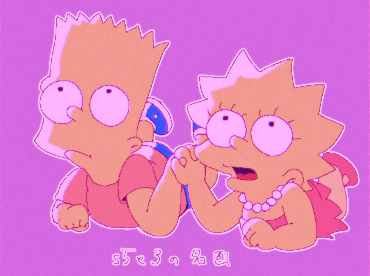 1boy 1girl bare_arms bare_shoulders bart_simpson blonde_hair blue_footwear blue_shorts brother_and_sister colored_skin dress expectant holding_hands interlocked_fingers jewelry kurwa_perkele lisa_simpson lying necklace off-shoulder_dress off_shoulder on_stomach open_mouth pearl_necklace pink_background pixel_art red_dress red_footwear red_shirt sandals shirt shoes short_sleeves shorts siblings sleeveless sleeveless_dress sneakers spiky_hair strapless strapless_dress the_simpsons tube_dress yellow_skin