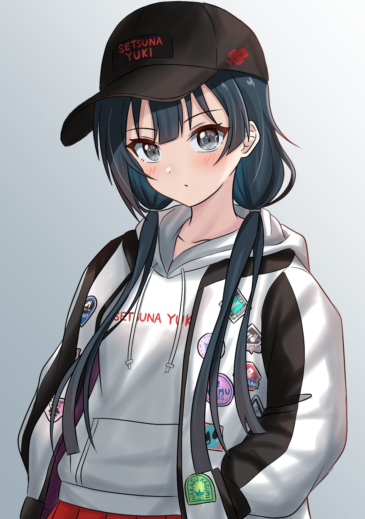 1girl black_hair black_hat blush character_name collarbone commentary_request grey_eyes hands_in_pockets highres hood hood_down hoodie jacket katanashi_(ktnsh_popu) long_hair long_sleeves looking_at_viewer love_live! love_live!_nijigasaki_high_school_idol_club open_clothes open_jacket pleated_skirt red_skirt sidelocks skirt solo twintails upper_body white_hoodie white_jacket yuki_setsuna_(love_live!)