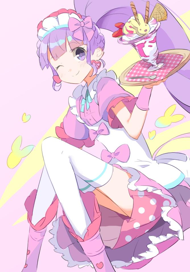 1girl bad_id bad_twitter_id blunt_bangs boots bow closed_mouth dress feet_out_of_frame hand_up holding holding_tray knees_up long_hair looking_at_viewer maid_headdress manaka_non one_eye_closed parfait pink_background pink_bow pink_dress pink_footwear pretty_series pripara puffy_short_sleeves puffy_sleeves purple_hair short_sleeves side_ponytail sitting smile solo spoon thigh-highs tray tulaca_(pixiv) very_long_hair violet_eyes white_thighhighs