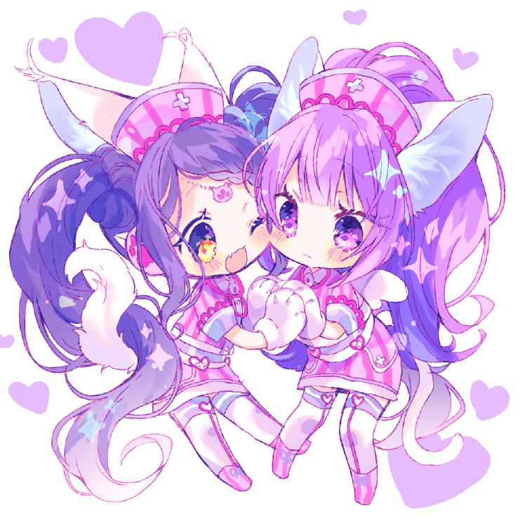 2girls :d animal_ears animal_hands bad_id bad_twitter_id blue_hair blunt_bangs blush braid braided_bangs cat_ears cat_girl cat_tail cheek-to-cheek chibi closed_mouth fang full_body garara_s_leep gloves hanazono_shuka hat head_chain heads_together heart idol_clothes idol_time_pripara kemonomimi_mode long_hair looking_at_another multiple_girls necon1 nurse_cap open_mouth paw_gloves pink_shirt pink_skirt ponytail pretty_series pripara purple_hair shirt short_sleeves skin_fang skirt smile standing stethoscope tail twintails very_long_hair violet_eyes yellow_eyes