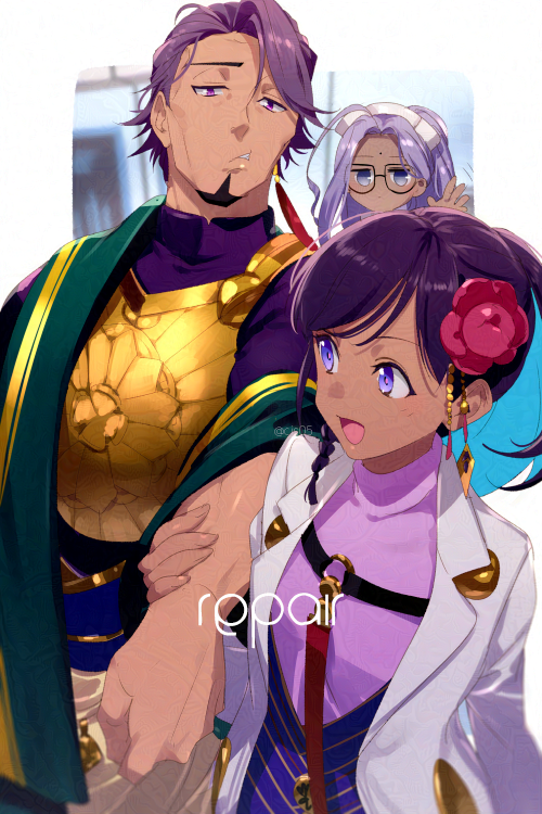 1boy 2girls armor ayus_(fate) black_shirt blue_hair breastplate coat colored_inner_hair duryodhana_(fate) earrings echo_(circa) facial_mark fate/grand_order fate_(series) flower forehead_mark glasses gold_armor gold_trim hair_flower hair_ornament hat jewelry long_sleeves medium_hair multicolored_hair multiple_girls nurse_cap open_mouth parted_bangs purple_hair purple_shirt rani_r_(fate) sash shirt short_hair short_sleeves smile swept_bangs violet_eyes white_coat white_hat