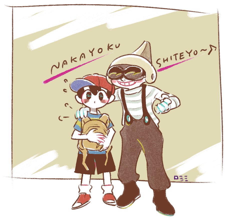 2boys bag baseball_cap black_footwear black_hair black_pants blush_stickers border brown_bag goggles grey_helmet grin hand_on_another's_shoulder hat helmet holding holding_bag male_focus mother_(game) mother_2 multiple_boys ness_(mother_2) nicoharico pants red_footwear red_hat romaji_text shirt shoes short_hair skate_punk skirt smile sneakers striped_clothes striped_shirt translation_request white_skirt