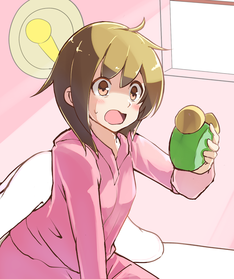 1girl alarm_clock bed brown_eyes brown_hair clock d: hirotaka_(hrtk990203) holding looking_at_object mako_(rhythm_tengoku) messy_hair on_bed open_mouth pajamas pink_pajamas rhythm_tengoku rhythm_tengoku_the_best+ short_hair sitting source_request surprised sweat sweatdrop waking_up window