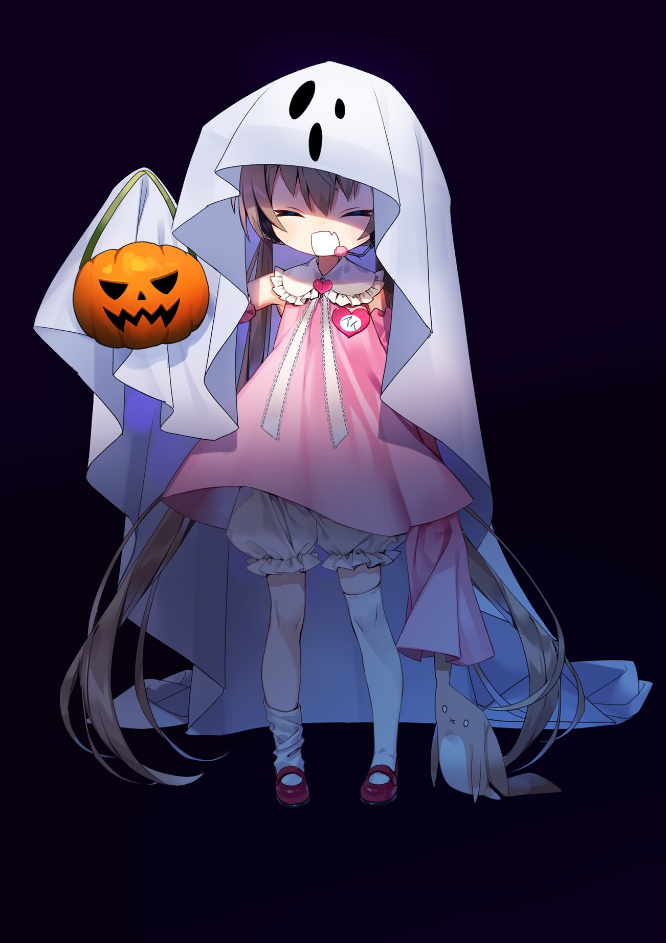 1girl black_background bloomers brooch brown_hair bucket closed_eyes collared_dress commentary_request detached_sleeves dress facing_viewer fang full_body ghost_costume halloween_bucket halloween_costume hand_up headset heart heart_brooch highres holding holding_bucket jewelry kitsune_ncv long_hair loose_thighhigh name_tag neck_ribbon open_mouth peter_pan_collar pink_dress pink_sleeves ribbon short_dress simple_background skin_fang sleeveless sleeveless_dress sleeves_past_fingers sleeves_past_wrists smile solo standing thigh-highs tsukuyomi_ai very_long_hair voiceroid white_bloomers white_ribbon white_thighhighs