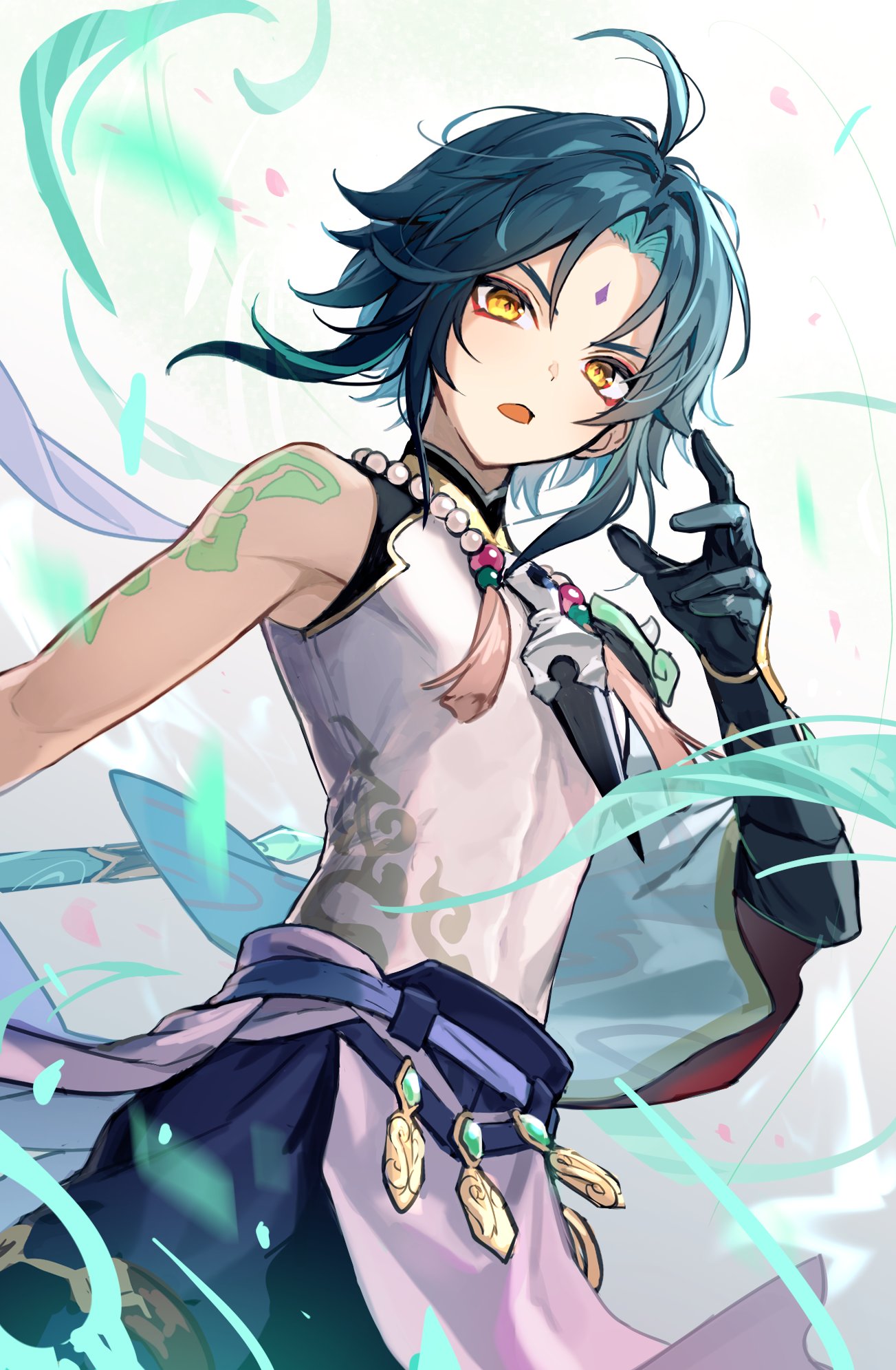 1boy arm_tattoo bead_necklace beads black_gloves black_hair blue_hair detached_sleeves facial_mark forehead_mark genshin_impact gloves highres jewelry looking_at_viewer male_focus multicolored_hair necklace open_mouth pillow_(nutsfool) polearm simple_background single_detached_sleeve solo tassel tattoo weapon xiao_(genshin_impact)