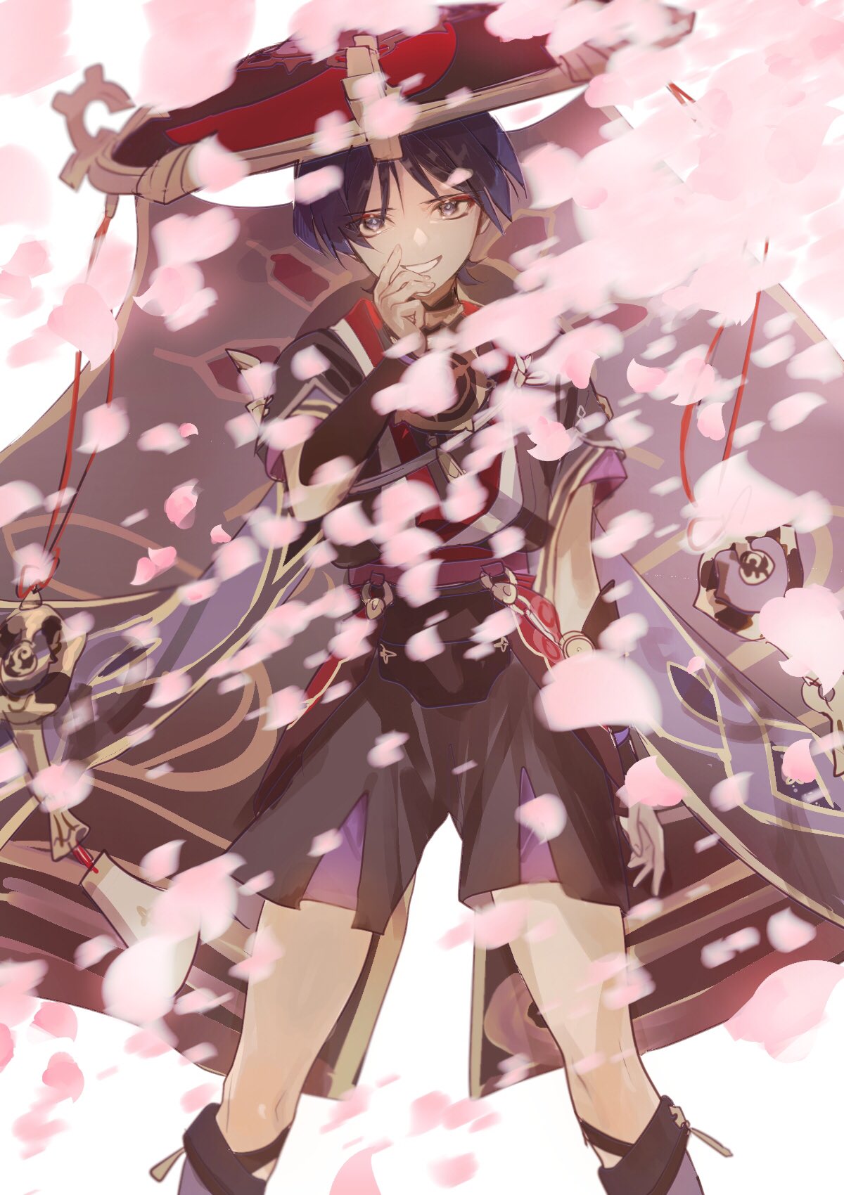1boy arm_at_side armor black_shirt black_shorts blunt_ends choppy_bangs commentary_request eyeshadow falling_petals genshin_impact grin hair_between_eyes hand_up hat hat_ribbon highres japanese_armor japanese_clothes kote kurokote looking_at_viewer makeup male_focus parted_bangs petals purple_hair red_eyeshadow red_ribbon ribbon scaramouche_(genshin_impact) shirt short_hair short_sleeves shorts simple_background smile solo standing talesofmea veil violet_eyes white_background