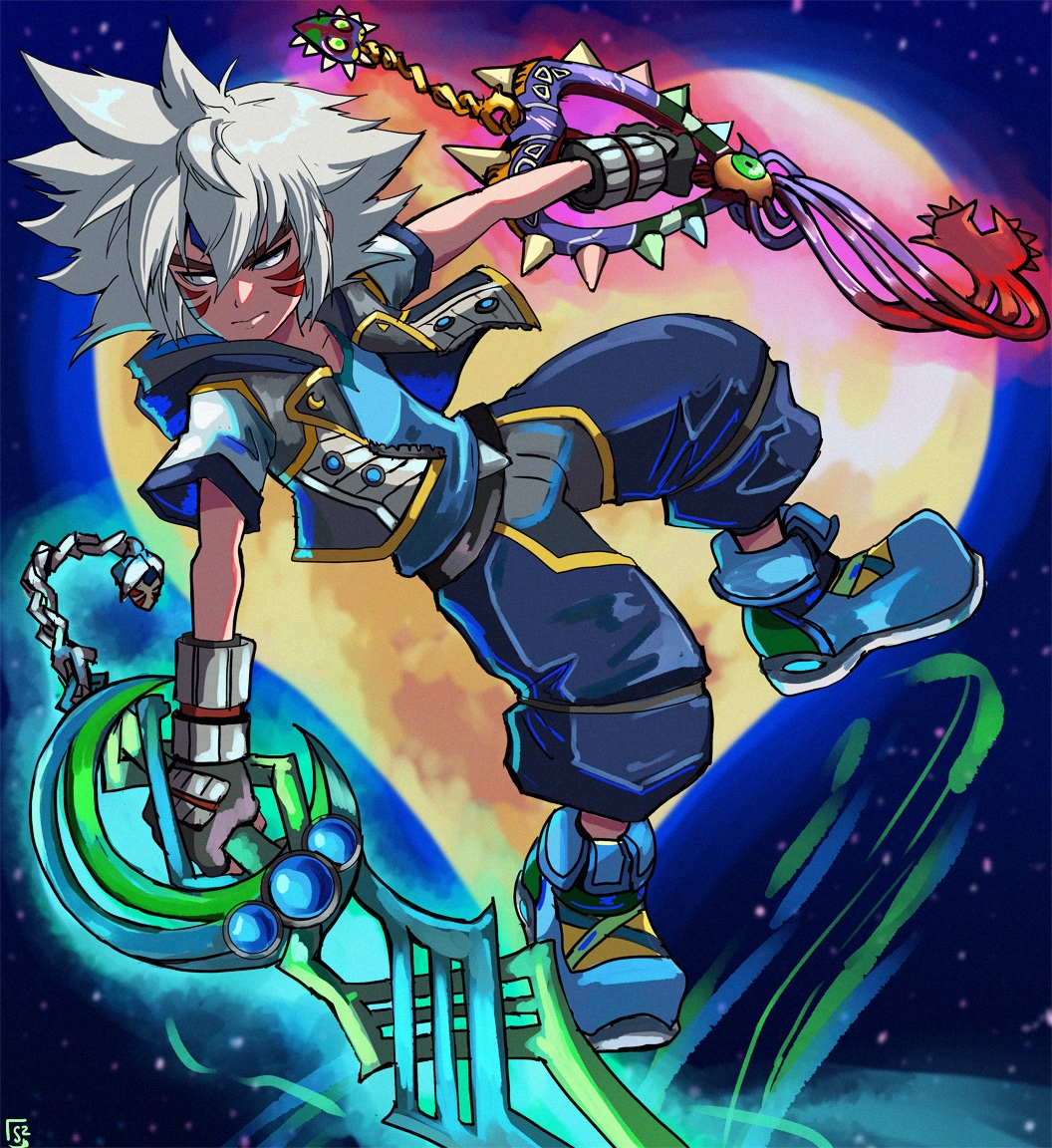 alternate_color alternate_costume alternate_eye_color alternate_hair_color alternate_weapon armor aura blue_gemstone blue_shirt character_charm charm_(object) corruption crescent crossover dark_persona dual_wielding facial_tattoo fierce_deity fingerless_gloves floating frown gem gloves glowing glowing_weapon heart heart-shaped_charm heart-shaped_moon holding holding_weapon hood hooded_jacket jacket keyblade kingdom_hearts majora_(entity) moon nintendo no_pupils open_clothes open_jacket possessed shirt short-sleeved_jacket short_hair short_sleeves sora_(kingdom_hearts) spiky_hair stoic_seraphim super_smash_bros. tattoo the_legend_of_zelda the_legend_of_zelda:_majora's_mask triangle weapon white_eyes white_hair wrist_guards
