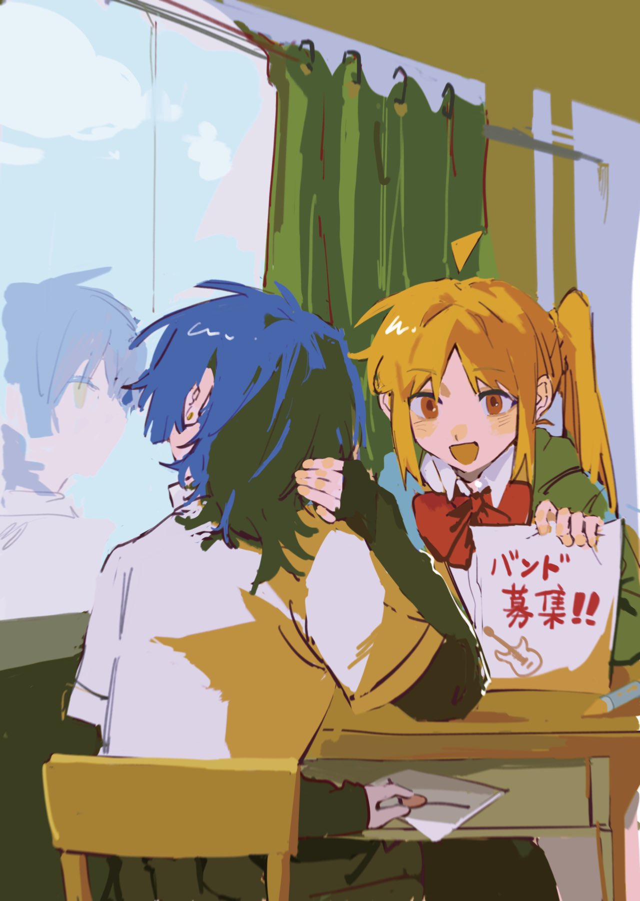 2girls ahoge black_skirt blonde_hair blue_hair blue_sky bocchi_the_rock! bow bowtie chinese_commentary classroom clouds commentary_request curtains desk green_jacket highres holding holding_paper ijichi_nijika indoors jacket layered_sleeves lingyi long_hair long_sleeves love_letter medium_hair multiple_girls open_mouth paper pencil pleated_skirt red_bow red_bowtie red_eyes reflection school_desk school_uniform shimokitazawa_high_school_uniform shirt short_over_long_sleeves short_sleeves side_ponytail skirt sky smile white_shirt yamada_ryo
