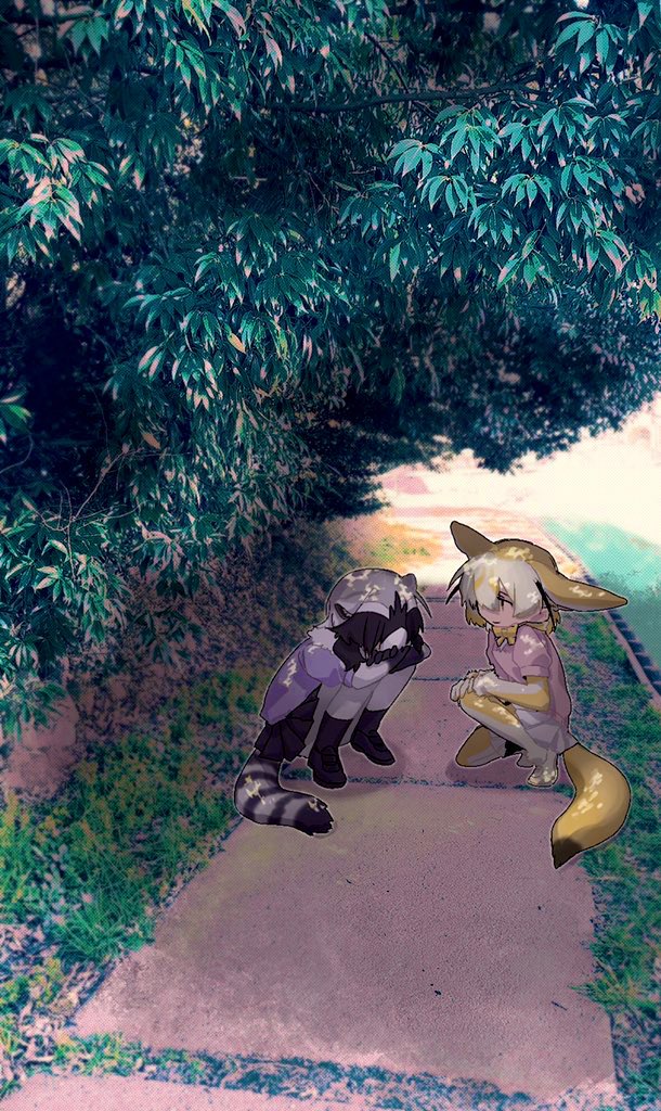 2girls animal_ears bad_id bad_twitter_id black_gloves black_hair black_skirt blonde_hair boots commentary_request common_raccoon_(kemono_friends) day extra_ears face_down fennec_(kemono_friends) fox_ears fox_tail full_body gloves grass grey_hair inactive_account jmeysan kemono_friends looking_at_another multicolored_hair multiple_girls open_mouth outdoors path photo_background pink_shirt pleated_skirt purple_shirt raccoon_ears raccoon_tail shirt short_hair short_sleeves sitting skirt smile striped_tail tail tree tree_shade white_hair white_skirt