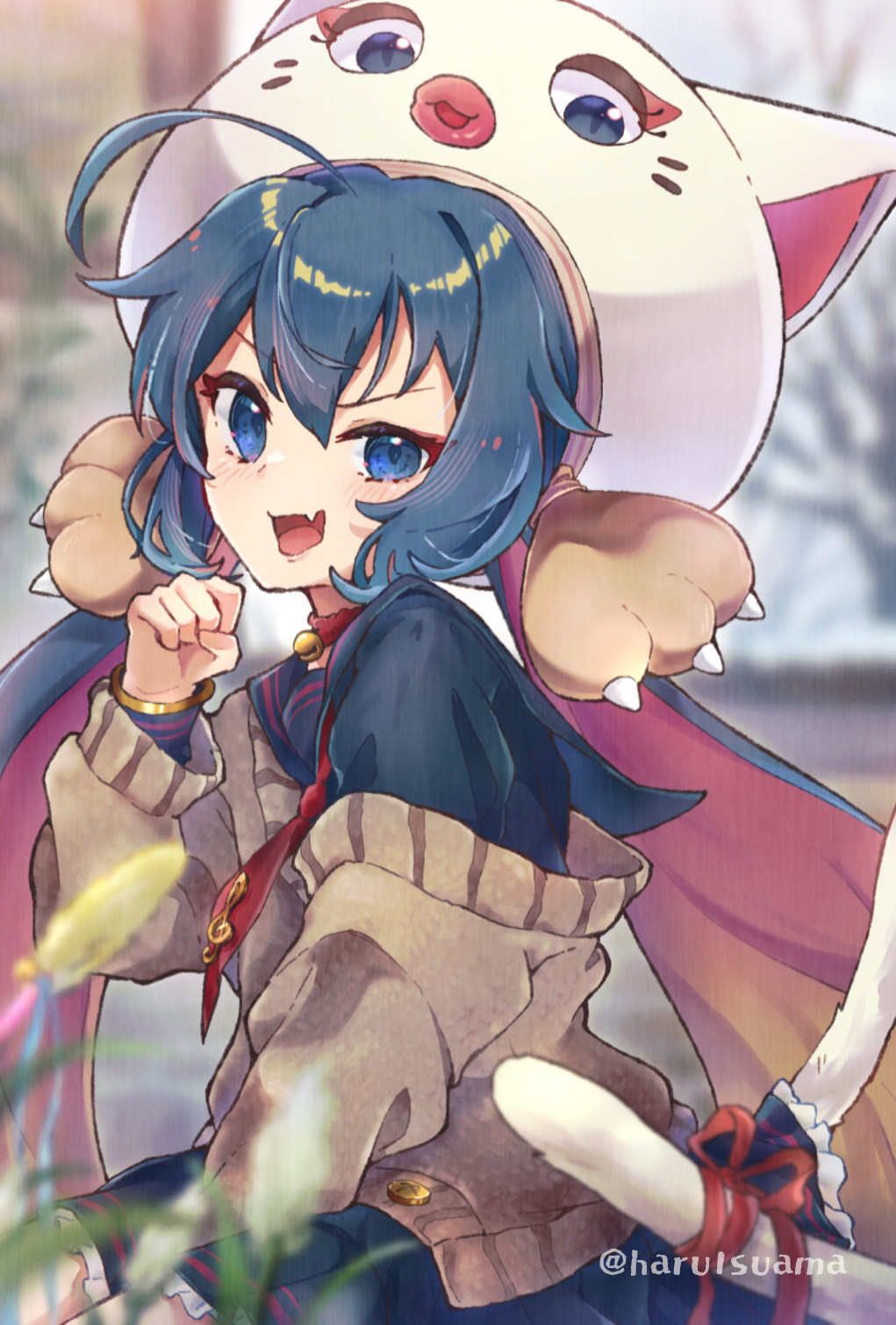 1girl ahoge animal_hat bell between_legs black_sailor_collar black_serafuku blue_eyes blue_hair blue_skirt blurry blurry_background blush brown_jacket cat_hat cat_tail clenched_hand collar colored_inner_hair fang frilled_skirt frills gradient_hair hair_between_eyes hand_between_legs hand_up haru1suama hat highres jacket jacket_partially_removed large_hat layered_sleeves long_hair long_sleeves looking_at_viewer low_twintails multicolored_hair neck_bell necktie open_mouth orange_hair otomachi_una outdoors paw_hat_ornament red_collar red_necktie red_ribbon red_trim redhead ribbon sailor_collar school_uniform serafuku sitting skin_fang skirt smile solo tail tail_ornament tail_ribbon tail_under_clothes twintails uneven_eyes v-shaped_eyebrows very_long_hair vocaloid white_hat white_tail