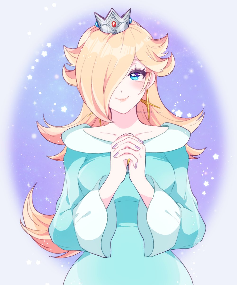 1girl blonde_hair blue_dress blue_eyes closed_mouth crown dress earrings eyelashes hair_over_one_eye highres indisk_irio interlocked_fingers jewelry long_bangs long_hair long_sleeves looking_at_viewer own_hands_together rosalina smile solo star_(symbol) star_earrings super_mario_bros. super_mario_galaxy