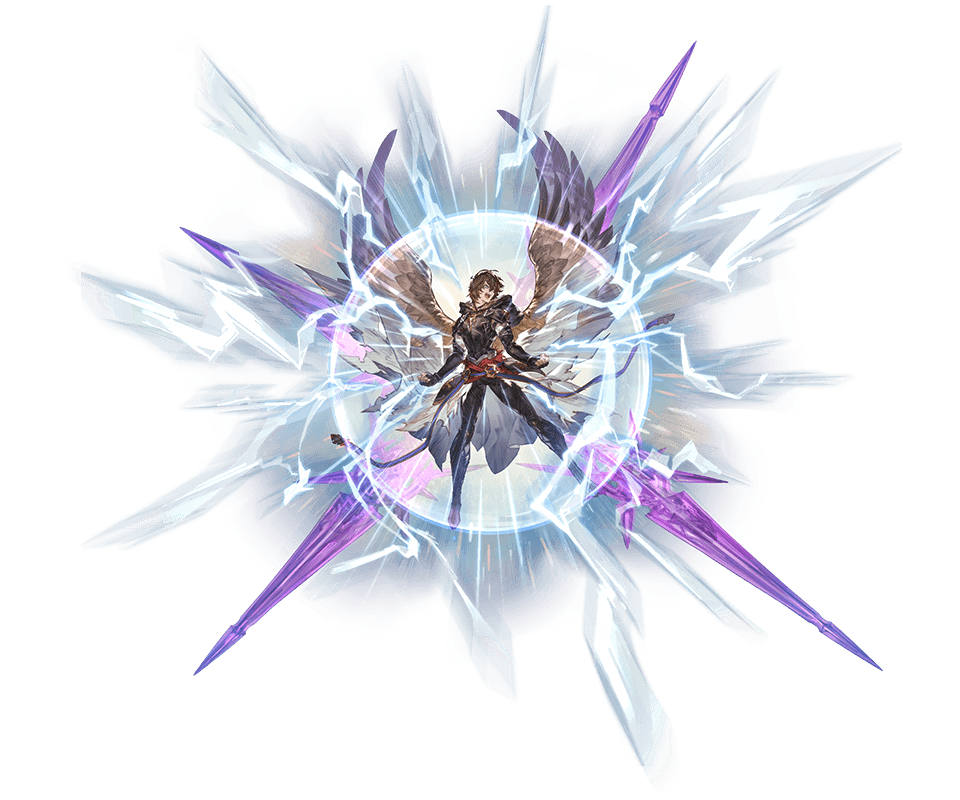 1boy ahoge angry armor belt bishounen boots breastplate brown_hair brown_wings cape clenched_hands electricity energy_blade feathered_wings full_body granblue_fantasy hair_between_eyes hood hood_down minaba_hideo official_art open_mouth red_eyes sandalphon_(granblue_fantasy) tachi-e wings