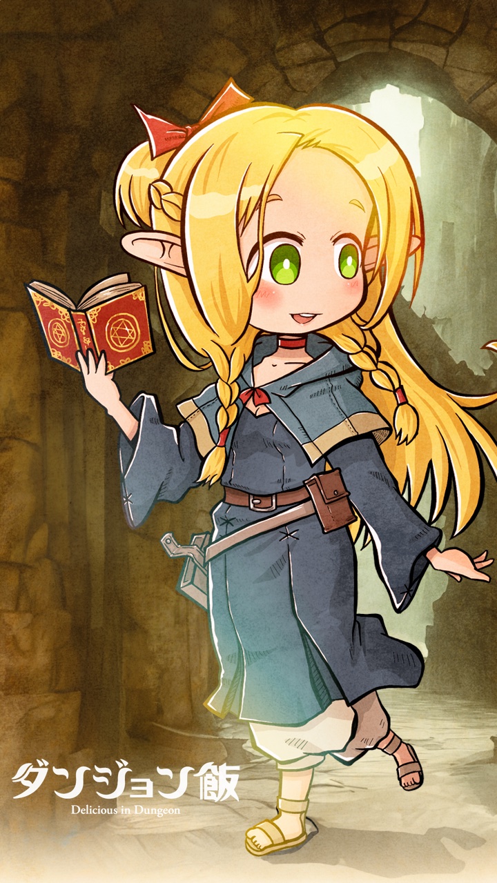 1girl blonde_hair blue_capelet blue_robe book bow braid capelet cave choker copyright_name dungeon_meshi elf gotthi green_eyes grimoire hair_around_ear hair_bow highres holding holding_book hood hooded_capelet marcille_donato multiple_braids pointy_ears red_bow red_choker robe single_tooth solo