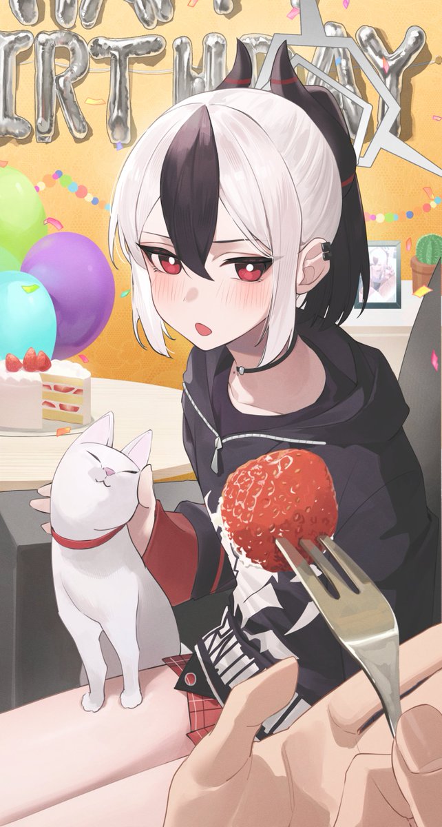 1girl animal_on_lap ao_tsukushi balloon black_choker black_hair black_hoodie blue_archive blush bright_pupils cactus cake cat choker collarbone demon_horns earclip fed_by_viewer feeding fingernails food fork fruit grey_halo halo happy_birthday highres holding holding_food hood hoodie horns kayoko_(blue_archive) miniskirt mole mole_on_neck multicolored_hair on_lap open_mouth petting photo_(object) plaid plaid_skirt plant ponytail potted_plant pov pov_hands red_eyes red_skirt short_hair sidelocks sitting skirt solo strawberry strawberry_shortcake two-tone_hair white_hair