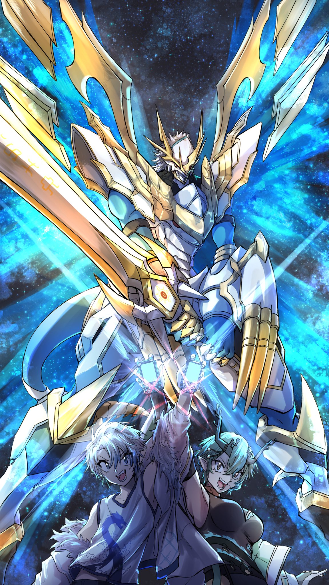 1boy 1girl arm_mounted_weapon arm_up armor black_dress blue_eyes blue_skin breasts brown_eyes collarbone colored_skin digimon digivice dragon dress energy_wings green_hair highres holding holding_sword holding_weapon horns ichiroku_(vtuber) imperialdramon imperialdramon_paladin_mode indie_virtual_youtuber jacket large_breasts mechanical_wings open_mouth original pointy_ears sawadafy shoulder_armor sword tank_top teeth weapon white_armor white_hair white_jacket white_tank_top wings