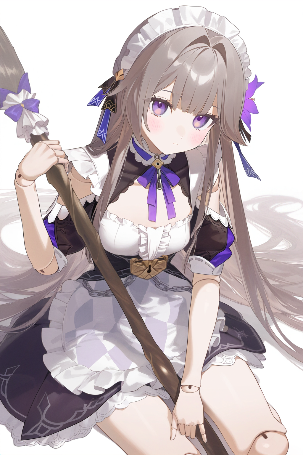 1girl ai-assisted apron broom brown_hair chain closed_mouth doll_joints flower hair_flower hair_ornament herta_(honkai:_star_rail) highres holding holding_broom honkai:_star_rail honkai_(series) joints long_hair looking_at_viewer maid maid_apron maid_headdress poki_(j0ch3fvj6nd) purple_flower simple_background sitting solo violet_eyes