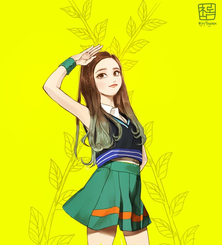 1girl animification arm_up braid brown_eyes brown_hair commentary_request crop_top green_hair green_skirt green_wristband hand_on_own_hip high-waist_skirt joy96green joy_(red_velvet) k-pop korean_commentary long_hair looking_to_the_side miniskirt multicolored_hair real_life red_velvet_(group) skirt smile solo two-tone_hair wristband yellow_background