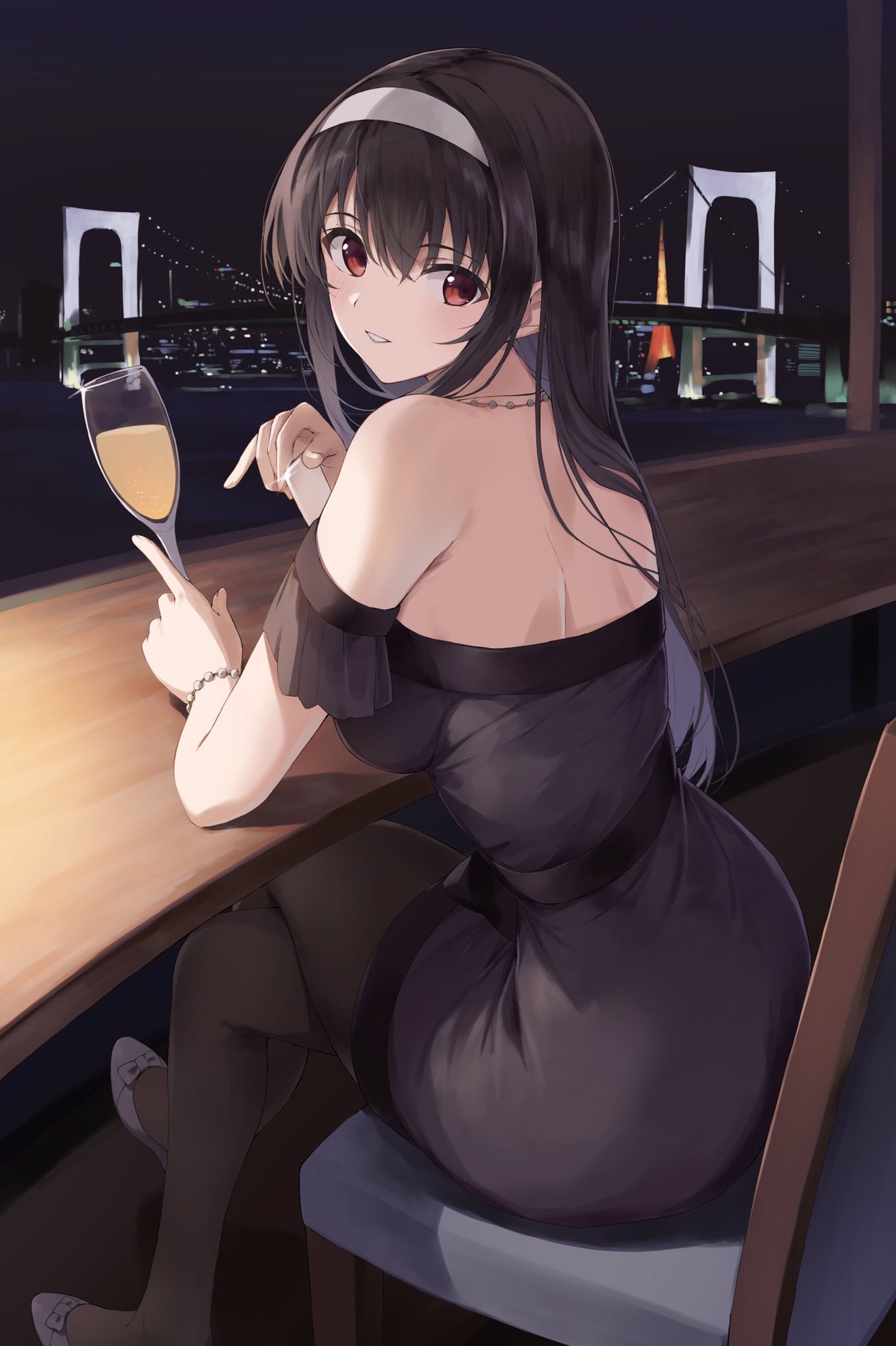 1girl alcohol alternate_costume back bare_shoulders black_hair black_pantyhose blush bracelet breasts bridge champagne commentary crossed_bangs crossed_legs cup curvy dress drinking_glass foot_out_of_frame formal from_behind glint hair_between_eyes hairband highres holding holding_cup index_finger_raised indoors jewelry kasumigaoka_utaha large_breasts long_hair looking_at_viewer looking_back necklace night off-shoulder_dress off_shoulder on_chair pantyhose parted_lips pearl_bracelet pearl_necklace red_eyes saenai_heroine_no_sodatekata short_sleeves sitting smile solo straight_hair tokyo_tower white_footwear white_hairband window wine wine_glass yanagi_marie