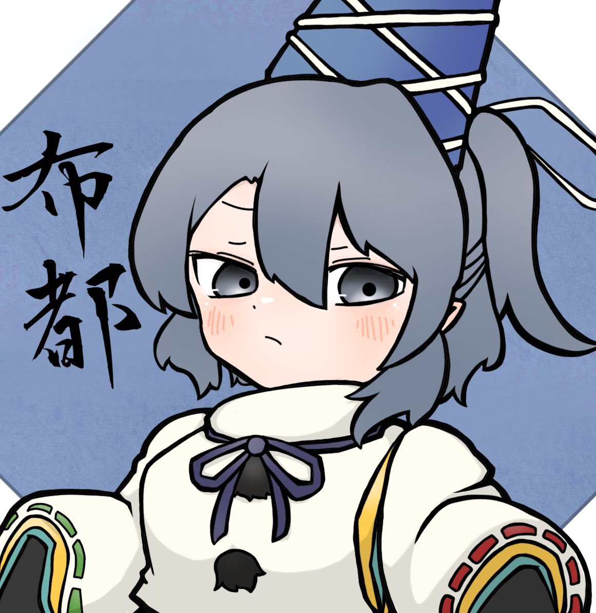 1girl blue_background blue_hat blush closed_mouth commentary grey_eyes hair_between_eyes hari_oekaki hat japanese_clothes kariginu long_sleeves looking_at_viewer mononobe_no_futo pom_pom_(clothes) ponytail ribbon-trimmed_sleeves ribbon_trim short_hair solo tate_eboshi touhou wide_sleeves