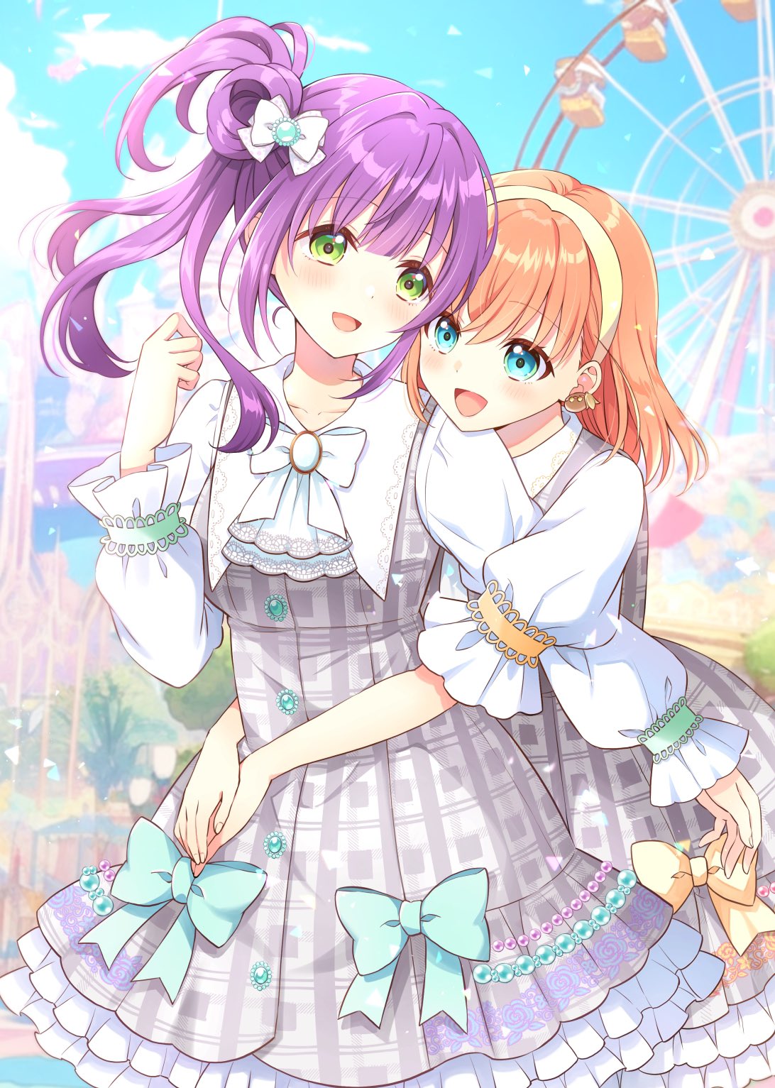 2girls amusement_park ascot blue_eyes blue_sky blurry blurry_background blush bow bowtie breasts cerise_bouquet clouds collared_dress commentary crossed_bangs dress dress_bow ferris_wheel floral_print_dress frilled_dress frills green_bow green_eyes grey_dress hair_bow hair_bun hairband hand_up highres hinoshita_kaho holiday_holiday_(love_live!) hug hug_from_behind link!_like!_love_live! lone_nape_hair long_hair long_sleeves looking_at_viewer love_live! medium_breasts medium_dress medium_hair multiple_girls orange_bow orange_hair otomune_kozue plaid plaid_dress puffy_long_sleeves puffy_sleeves purple_hair sakurai_makoto_(custom_size) side_ponytail sidelocks single_side_bun sky two_side_up virtual_youtuber white_ascot white_bow white_bowtie white_sleeves yellow_hairband