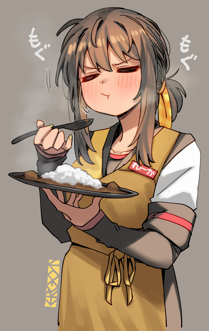 1girl :t apron black_sailor_collar black_shirt black_skirt blush breasts brown_hair closed_eyes closed_mouth collarbone commentary_request curry eating ergot food fubuki_(kancolle) green_nails grey_background hair_between_eyes hair_ribbon holding holding_plate holding_spoon kantai_collection layered_sleeves long_sleeves low_ponytail medium_breasts medium_hair motion_lines nail_polish plate polearm ribbon rice sailor_collar shirt short_over_long_sleeves short_sleeves sidelocks signature simple_background skirt sleeves_past_wrists solo spoon upper_body weapon white_shirt yellow_ribbon