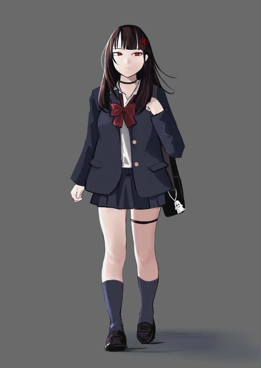 1girl bag black_choker black_jacket blazer blue_socks bow bowtie breasts brown_hair charm_(object) choker commentary_request disorder! expressionless full_body hair_ornament highres holding holding_bag jacket loafers medium_breasts miniskirt original pleated_skirt red_bow red_bowtie red_eyes school_bag shoes skirt socks solo thigh_strap