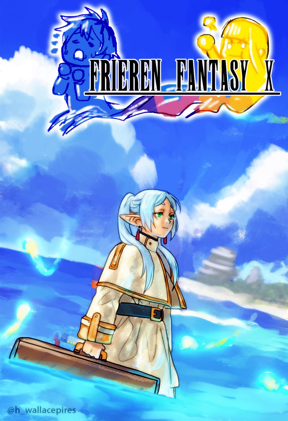 1boy 2girls artist_name beach belt blue_sky box_art capelet clouds commentary cover dangle_earrings earrings english_commentary fake_box_art fern_(sousou_no_frieren) final_fantasy final_fantasy_x frieren gold_trim green_eyes highres holding holding_suitcase jewelry long_sleeves multiple_girls ocean parody partially_submerged pointy_ears skirt sky sleeve_cuffs smile solo_focus sousou_no_frieren stark_(sousou_no_frieren) suitcase twitter_username upper_body video_game_cover wallace_pires white_capelet white_skirt
