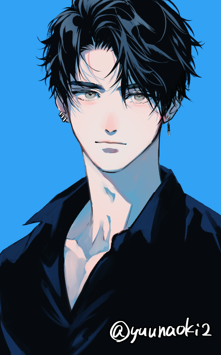 1boy black_hair black_shirt blue_background blush closed_mouth collared_shirt ear_piercing expressionless grey_eyes highres looking_at_viewer male_focus naonaobkb nose_blush original parted_bangs piercing portrait shirt short_hair solo sunlight thick_eyebrows twitter_username