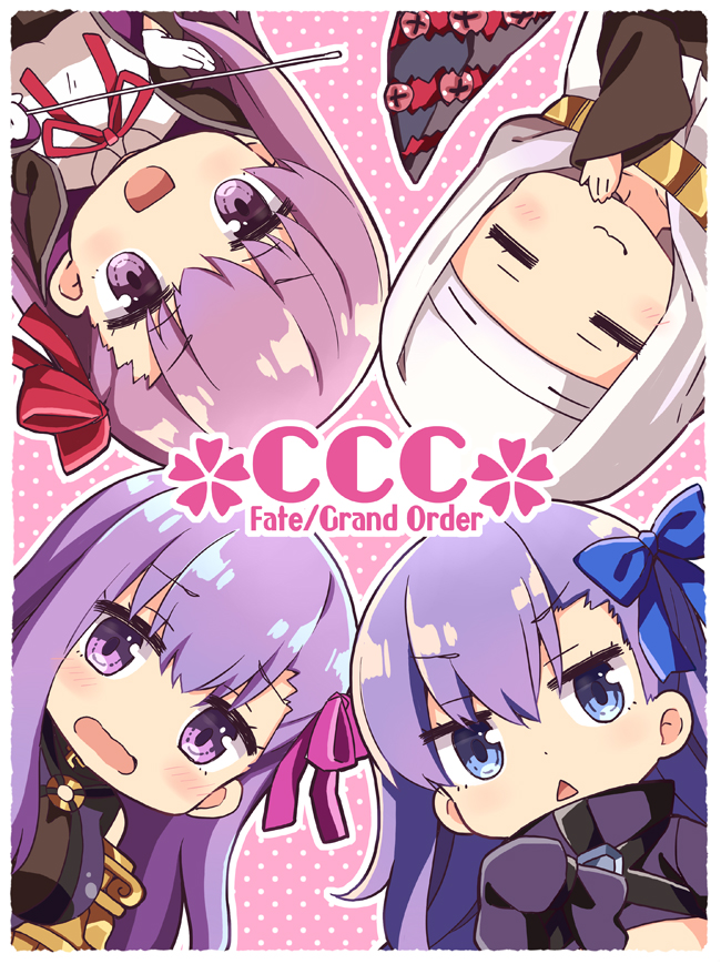 4girls bb_(fate) bb_(fate/extra) black_coat black_dress blue_eyes blue_ribbon blush border breasts chibi closed_eyes closed_mouth coat coif demon_pillar_(fate) dress facing_viewer fate/extra fate/extra_ccc fate/grand_order fate_(series) gloves gold_necklace hair_between_eyes hair_ribbon hand_up jewelry large_breasts long_hair long_sleeves looking_at_viewer meltryllis_(fate) multiple_girls neck_ribbon necklace open_clothes open_coat open_mouth outline passionlip_(fate) pink_background pink_ribbon purple_hair red_ribbon ribbon rioshi sessyoin_kiara shirt sleeves_past_fingers sleeves_past_wrists smile triangle_mouth violet_eyes white_border white_gloves white_outline white_shirt white_veil wide_sleeves