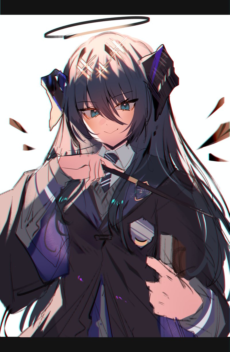 1girl aqua_eyes arknights blue_hair blue_necktie book closed_mouth collared_shirt dark_halo grey_background grey_sweater halo hand_up highres hogwarts_school_uniform holding holding_book horns long_hair looking_at_viewer mostima_(arknights) necktie school_uniform shirt simple_background solo soukou_makura striped_necktie sweater upper_body white_background white_shirt