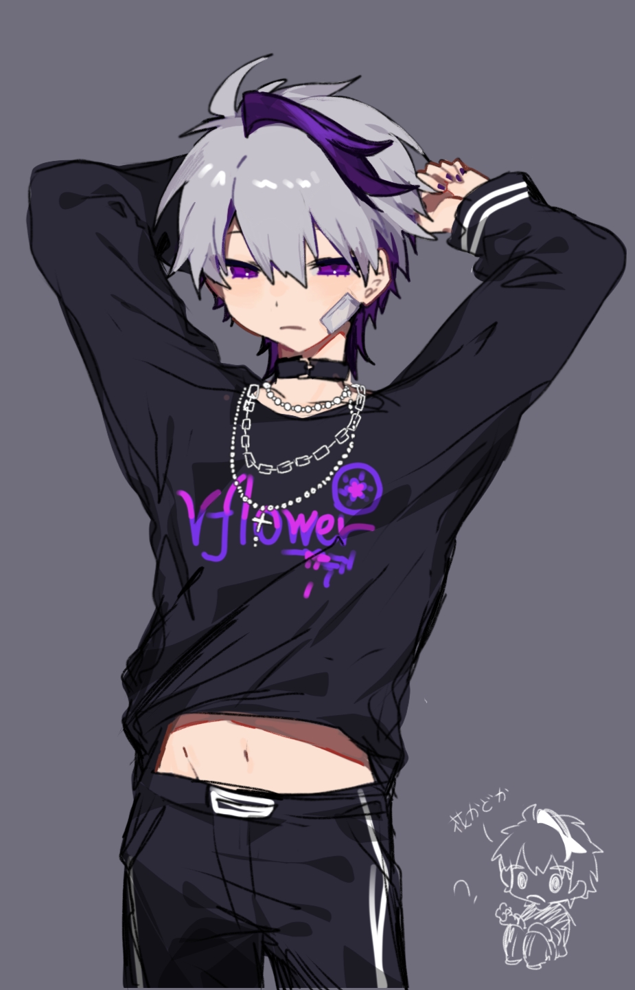 1girl ? ahoge alternate_costume androgynous arms_up bandaid bandaid_on_face belt black_hair black_pants black_shirt chain character_name choker flower_(vocaloid) flower_(vocaloid4) grey_background highres midriff_peek mini_person minigirl multicolored_hair pants print_shirt shirt short_hair sitting striped_clothes striped_pants striped_sleeves tomboy two-tone_hair user_hpax4234 vocaloid white_hair
